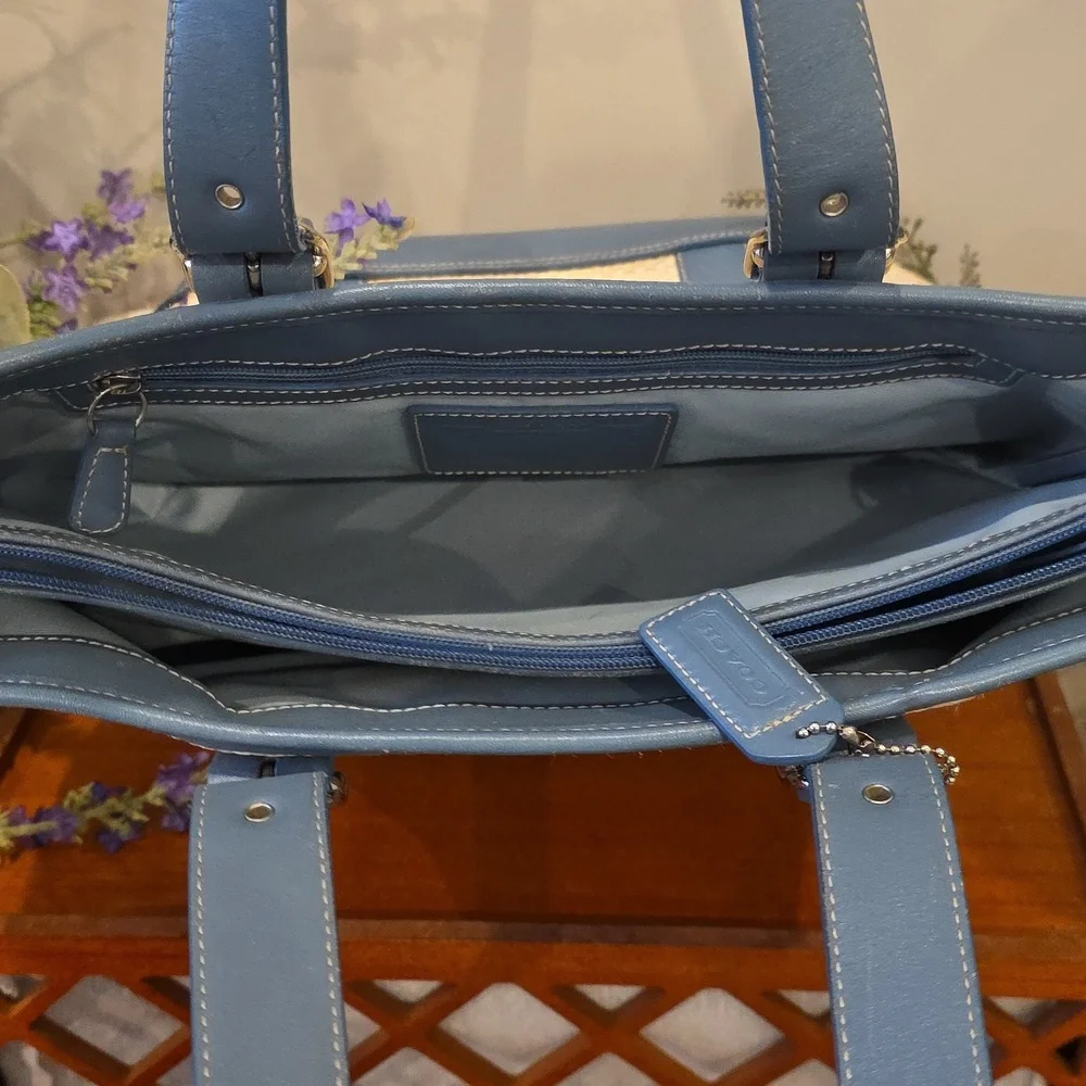 Coach Vintage Hampton Raffia Straw Tote With Blue Leather Trim